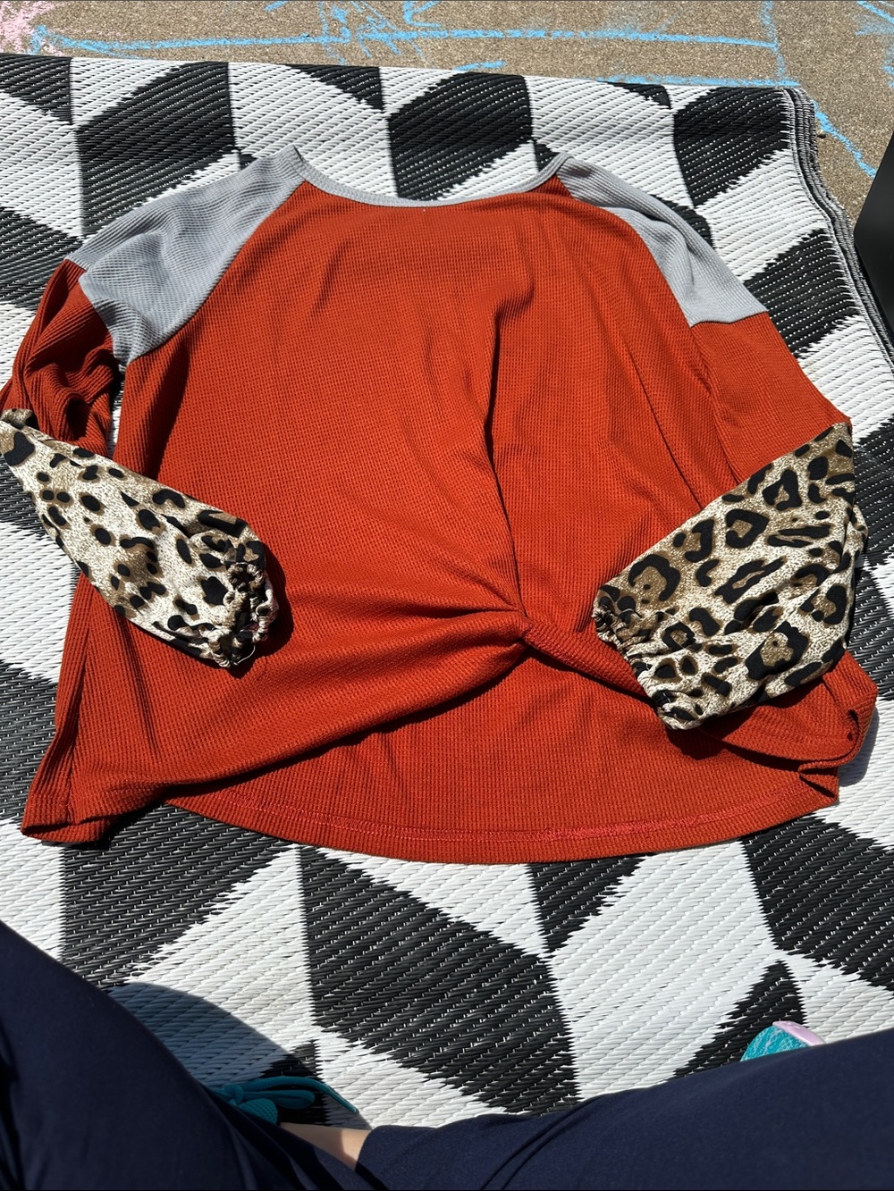 Amazon Rust and Gray Long Sleeve Top with Leopard Print Sleeves